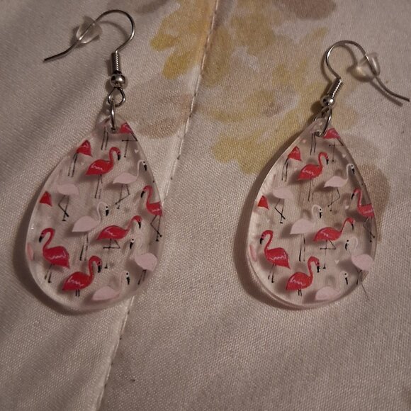 HOT HOT HOT MIAMI STYLE CLEAR AND PINK  FLAMINGO EARRINGS - Picture 1 of 1